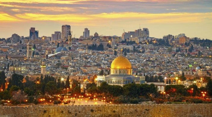 View of the Old City and the hills of Jerusalem at sunset